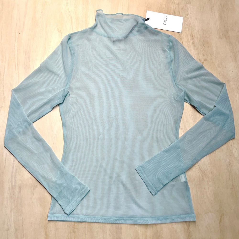 CALIA Women S Draped Funnel Long Sleeve Smoked Turquoise Sheer Mesh Top NWT - Picture 6 of 11